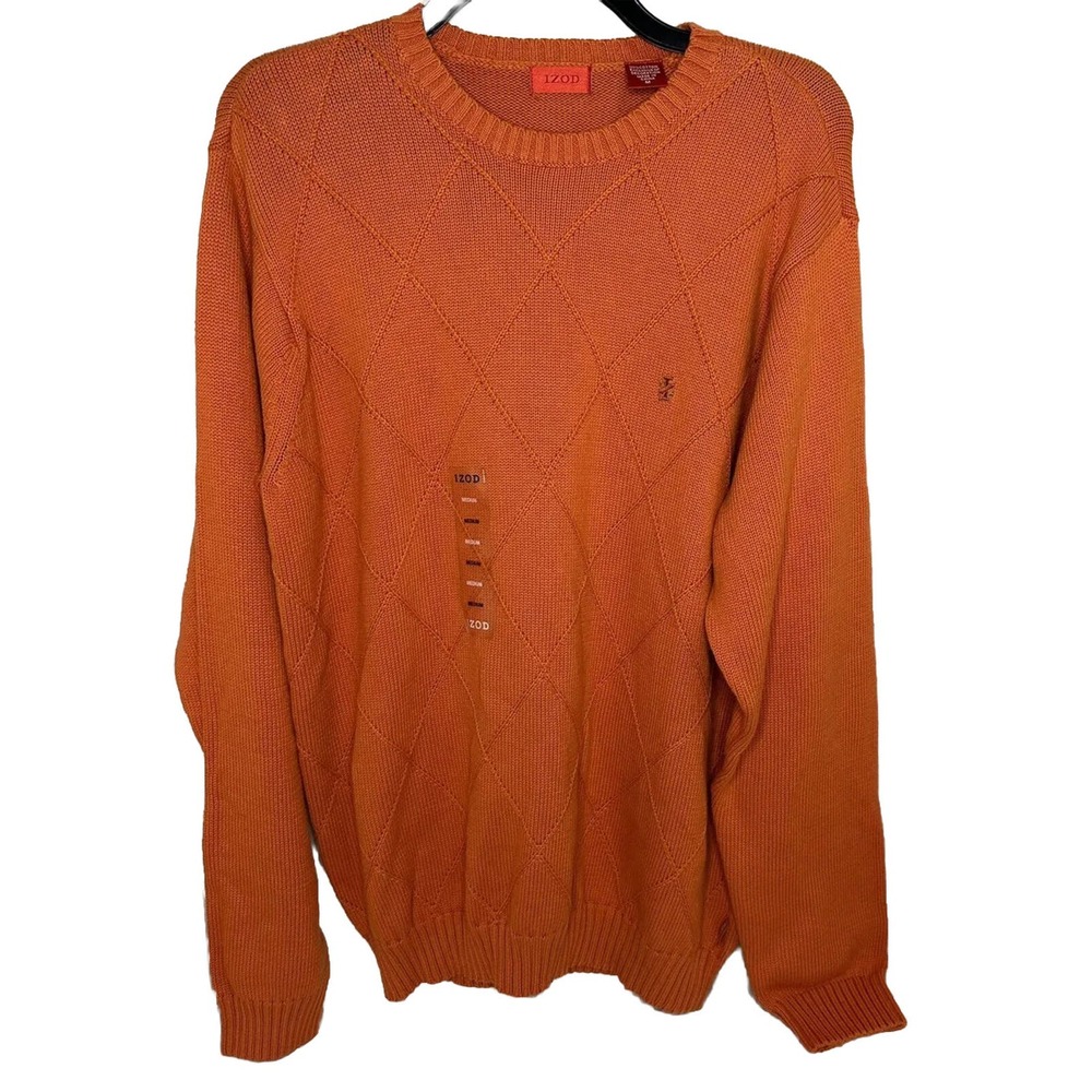 IZOD Diamond Pattern Crew Neck Orange‎ Sweater Men’s M 100% Cotton Knit